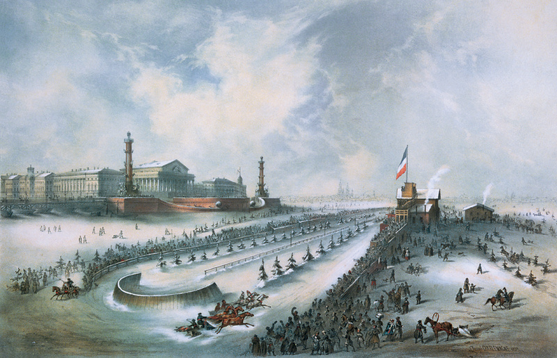 гравюра по рисунку Шарлеманя 1859 года изображает санные бега по льду Невы